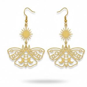 Gold Moth Lunar Moon Sun Celestial‎ Dangle Earrings Celestial Aesthetic